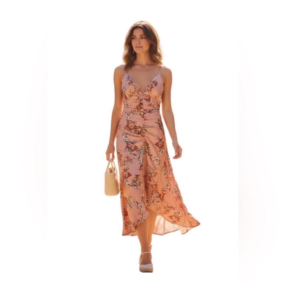 FLORET STUDIOS | Floral Midi Ruched V-Neck Satin Dress